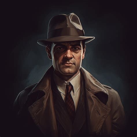 Ilustración de un detective de cómic noir con gabardina y sombrero.