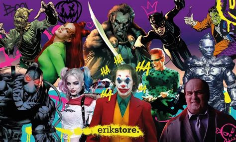 Ilustración de varios villanos icónicos de Batman como el Joker, Dos Caras y El Acertijo.