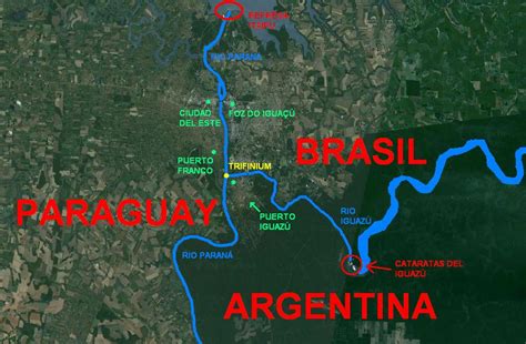 Mapa de la triple frontera: Paraguay, Brasil y Argentina