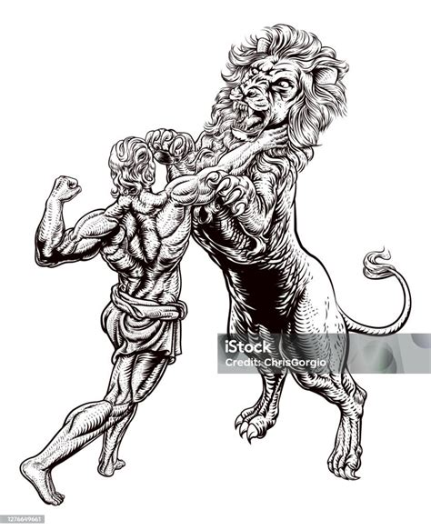 Ilustración de Hércules luchando contra un león