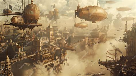 Ilustración steampunk de una ciudad con dirigibles y arquitectura victoriana.