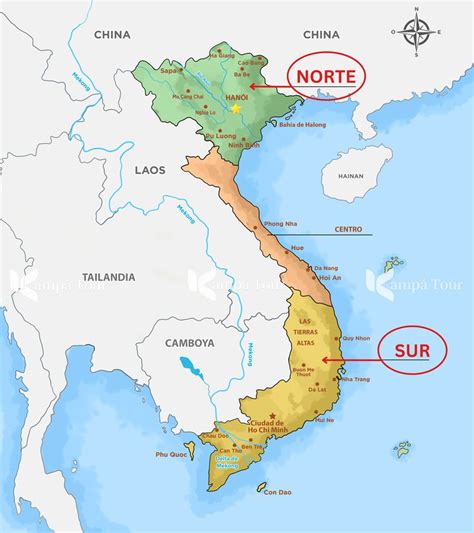 Mapa de Vietnam dividido en Norte y Sur.