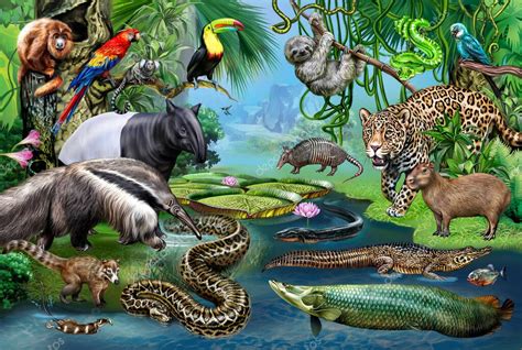 Ilustración detallada de flora y fauna amazónica