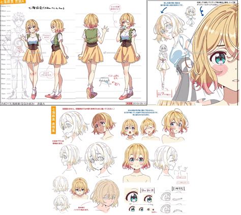 Ficha de diseño de personaje con expresiones y poses