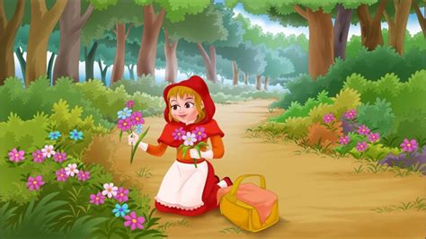 Caperucita Roja recogiendo flores en el bosque.