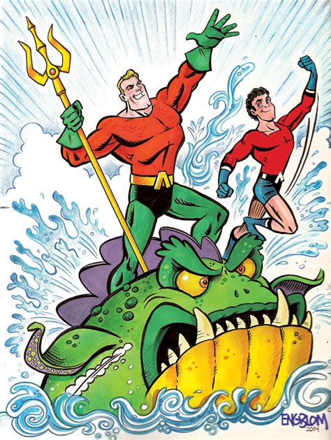 Ilustración de Aquaman y Aqualad enfrentando criaturas marinas