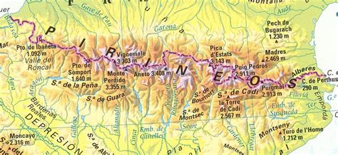 Mapa de los Pirineos con énfasis en la zona del Pirineo catalán