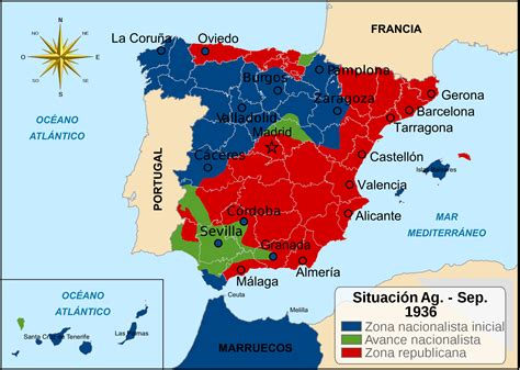Mapa de España con los frentes de la Guerra Civil