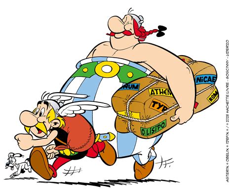 Ilustración de Astérix y Obélix como esclavos en Roma.