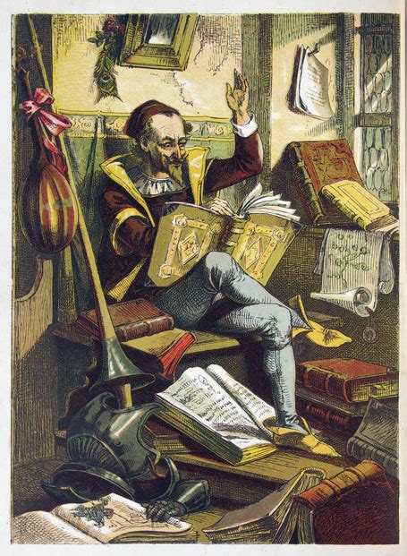 Representación de Alonso Quijano rodeado de libros de caballerías