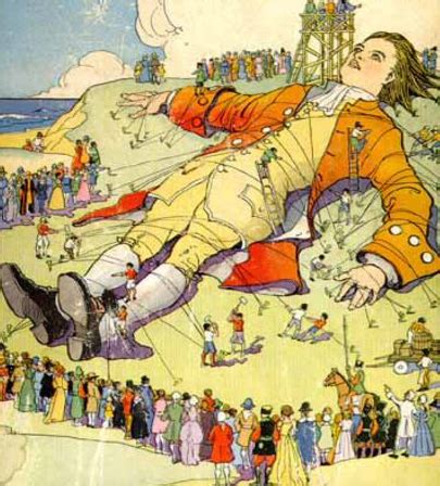 Ilustración de Lemuel Gulliver en Liliput