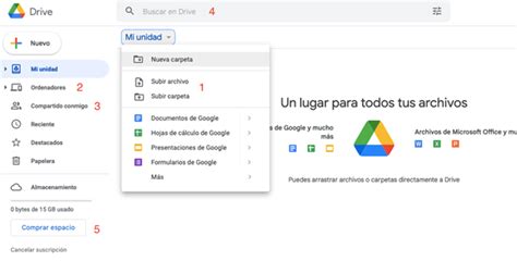 Interfaz de Google Drive con opciones de carpetas y archivos