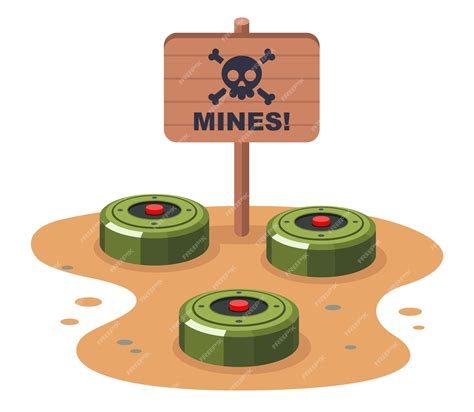 Imagen de un campo minado y símbolos de advertencia