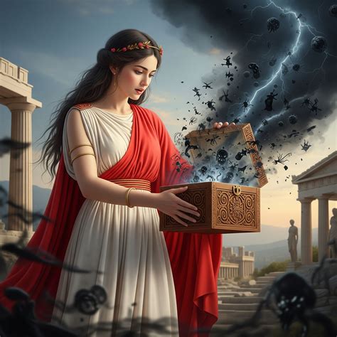 Ilustración mitológica de Pandora abriendo la caja