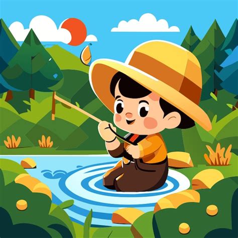 Ilustración de un niño pescando en un río