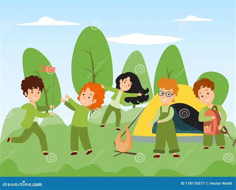 Ilustración de un grupo de chicas en un campamento de verano, con elementos fantásticos.