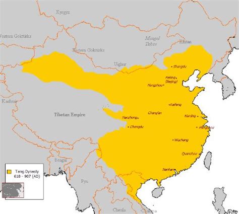 Mapa de la Antigua China durante la dinastía Tang