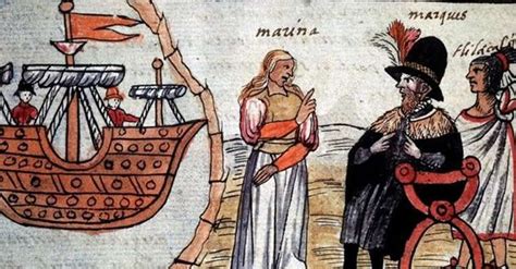 Ilustración de Malinalli interactuando con Hernán Cortés