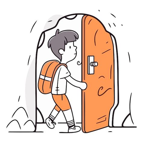 Personaje saliendo de casa con mochila