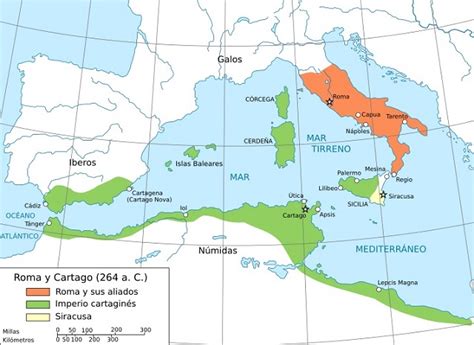 Mapa del Mediterráneo en el siglo III a. C. mostrando el alcance de Roma y Cartago