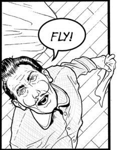 Viñeta de cómic con ángulo picado mostrando un personaje pequeño desde arriba.