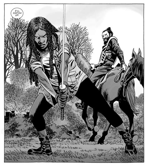 Ilustración del enfrentamiento entre Michonne y el Gobernador