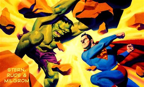 Ilustración de la batalla entre Superman y Hulk en Amalgam Comics