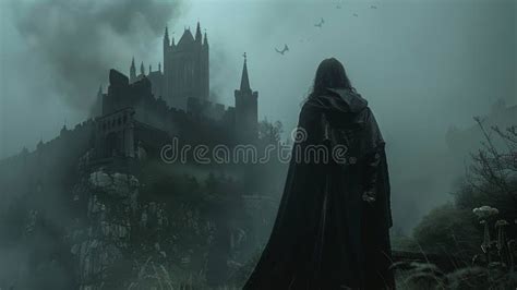 Ilustración de un castillo misterioso con una figura solitaria en la entrada