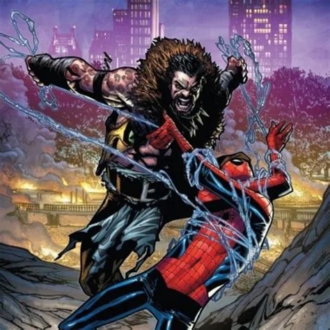 Ilustración de Spider-Man luchando contra Kraven el Cazador