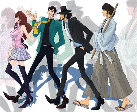 Collage de personajes de Lupin III: Lupin III, Jigen, Goemon, Fujiko y Zenigata.