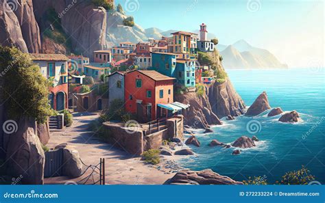 Ilustración de un pueblo costero con el mar
