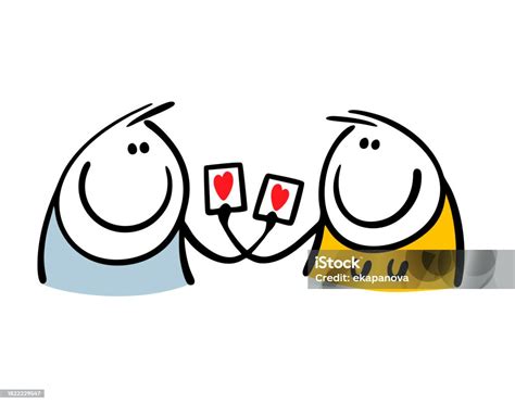 Ilustración de una pareja riendo mientras intercambian tarjetas cómicas