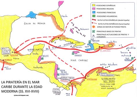 Mapa del Caribe con rutas piratas y leyendas
