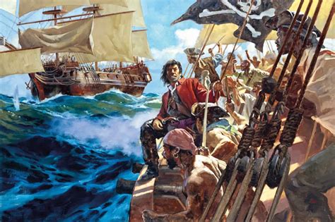 Página doble mostrando un asalto a un barco pirata