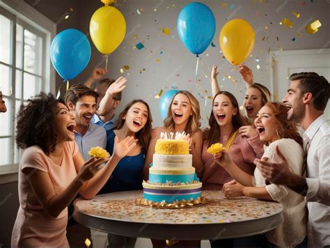 Ilustración de personas celebrando un cumpleaños con globos y pastel
