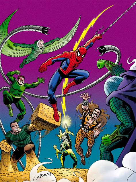 Ilustración de una batalla clásica de los Seis Siniestros contra Spider-Man