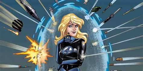 Imagen de Susan Storm, la Mujer Invisible, usando sus poderes de invisibilidad y campos de fuerza.