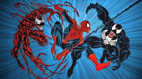 Ilustración de Carnage luchando contra Spider-Man y Venom