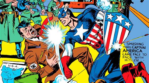 El Capitán América golpeando a Hitler en la portada de su primer cómic