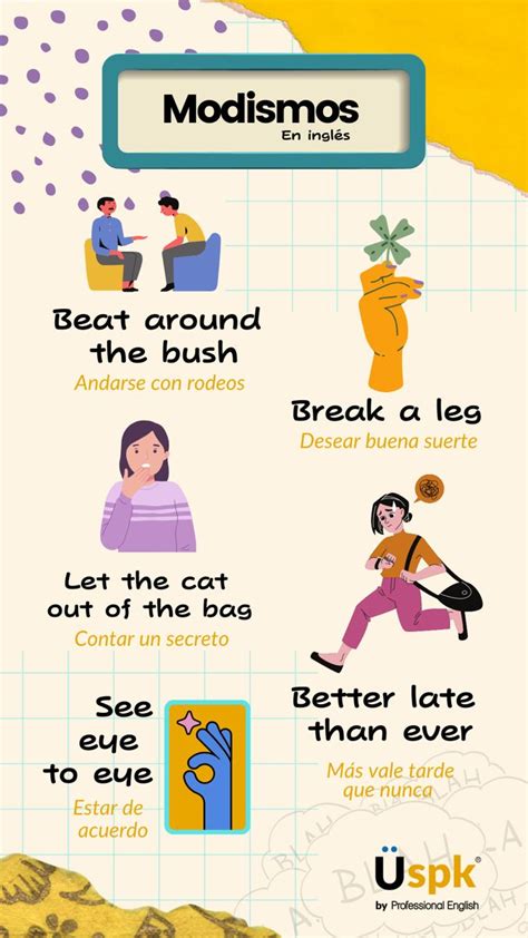 Ilustración de varios modismos ingleses con sus significados visuales