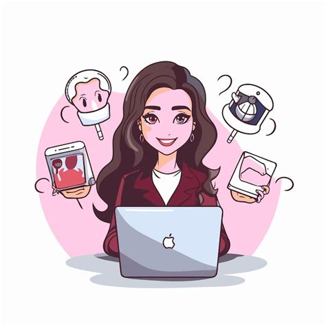 Ilustración de una joven usando un portátil y redes sociales