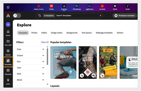 Interfaz de Adobe Express mostrando opciones de plantillas para cómics