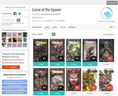 Interfaz de Whakoom mostrando la organización de una colección de cómics