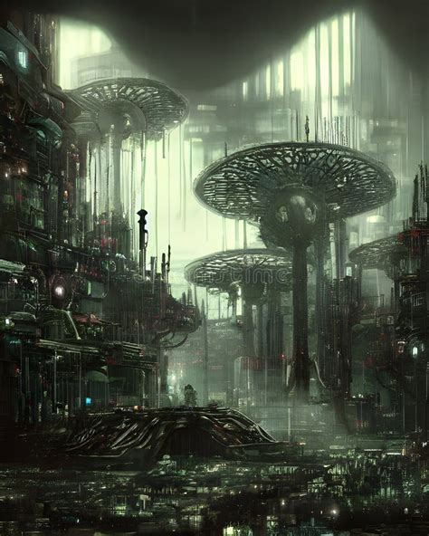 Ilustración de una ciudad futurista distópica con diferencias sociales marcadas