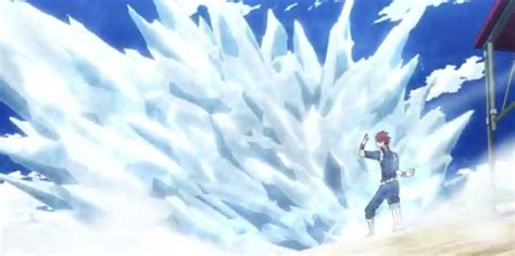 Shoto Todoroki usando su poder de hielo