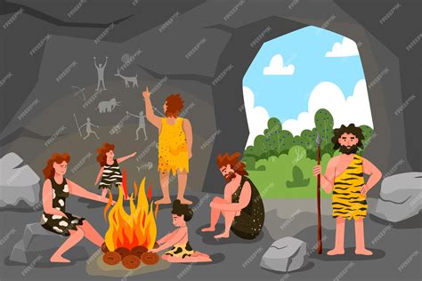 Ilustración de una tribu prehistórica alrededor de una fogata
