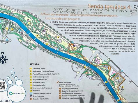 Mapa de Madrid Río con zonas de juegos y áreas acuáticas