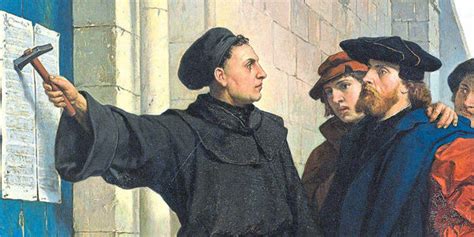 Ilustración de Martín Lutero clavando las 95 tesis en la puerta de la iglesia de Wittenberg