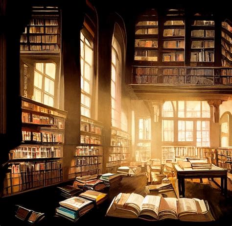 Ilustración de una biblioteca antigua con estanterías llenas de libros