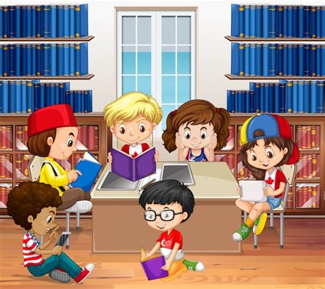 Niños leyendo en una sala de biblioteca moderna y luminosa